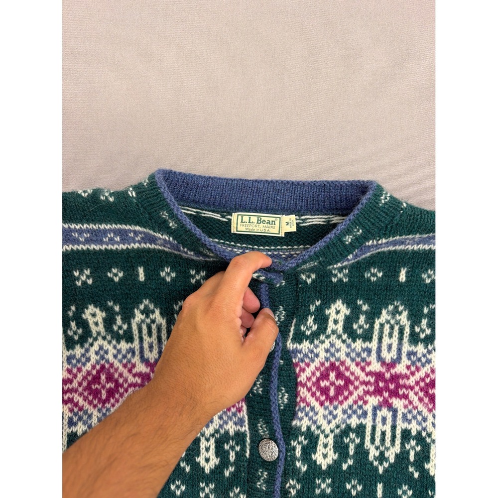 LL Bean Vintage Fair Isle Cardigan Sweater Green Pink Nordic Wool Blend USA Med - Picture 3 of 7